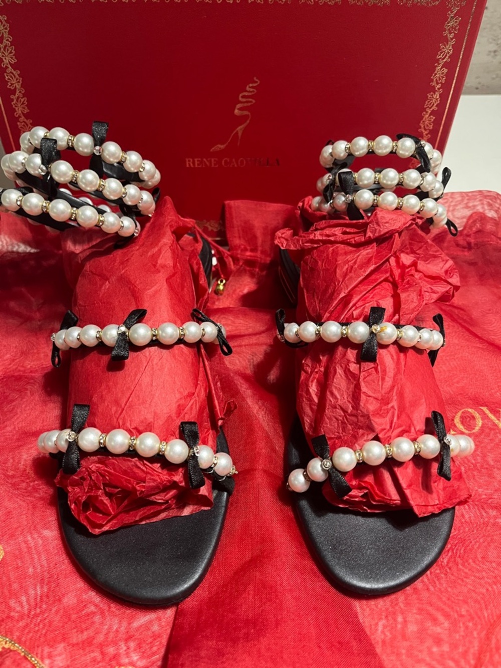 Rene Caovilla Black Pearl-Embellished Strappy Sandals